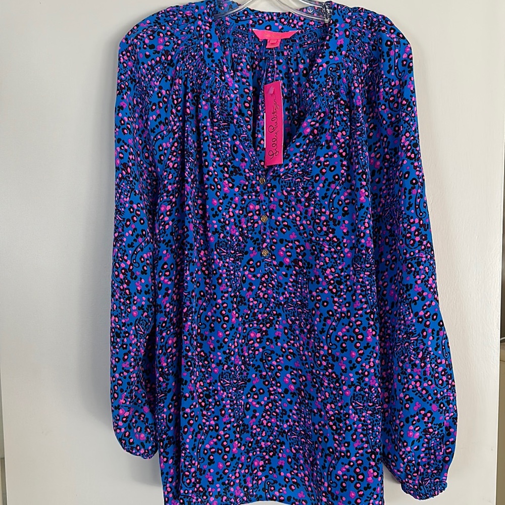 Lilly Pulitzer Long Steave Blue Pink Floral Print Blouse Sz XXL Brand New